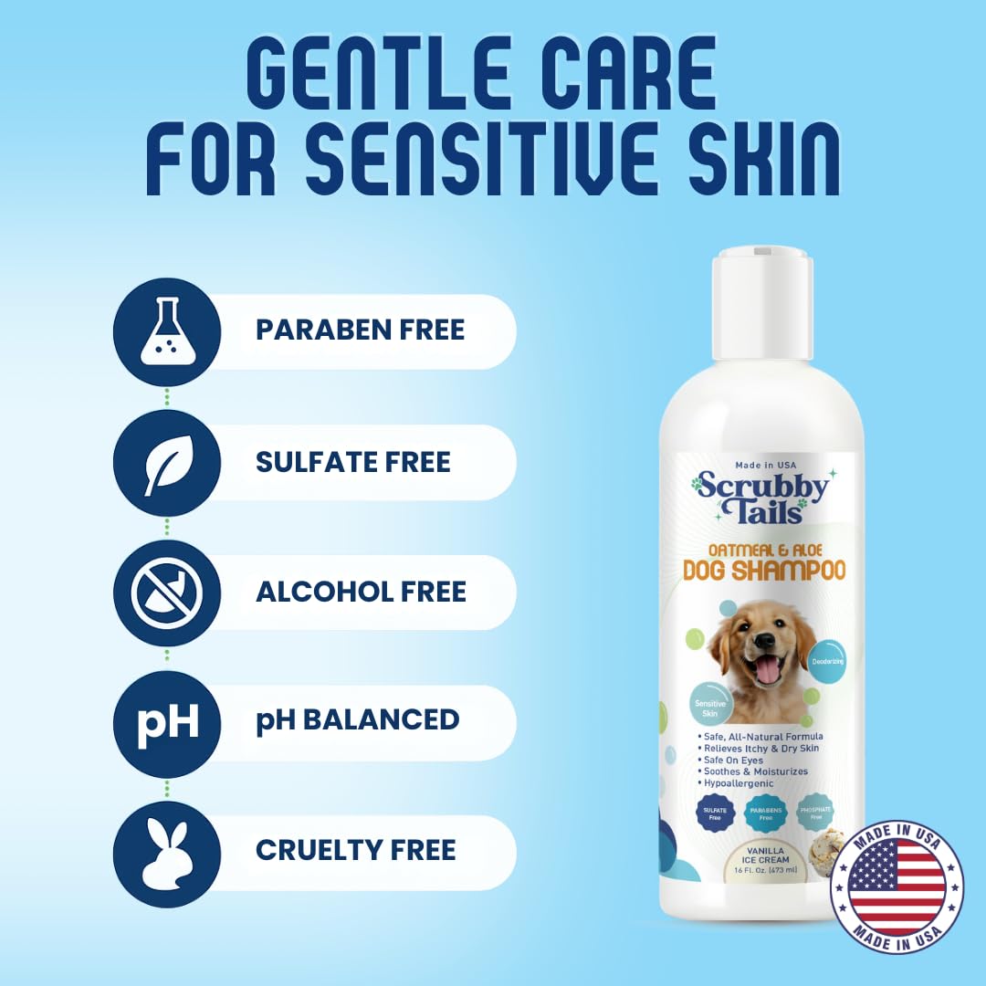Scrubby Tails Organic Dog Shampoo - Puppy Oatmeal Shampoo for Itchy Skin Relief - Hypoallergenic for Sensitive Skin, for Dogs of All Ages, Deodorizes, Tearless, Made in USA, 16oz (Vanilla Ice Cream)