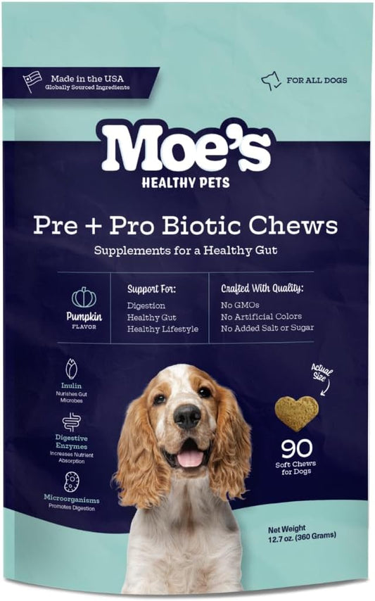 Moe’s Probiotic Chews for Dogs 90ct – Pumpkin Flavor Prebiotics & Probiotics for Gut Health, Digestion, Immunity and Itchy Skin Relief