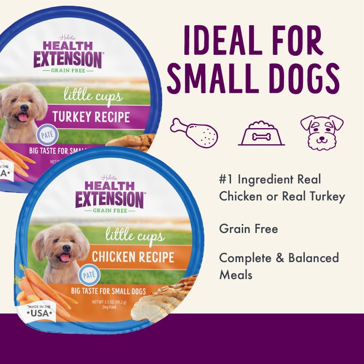 Health Extension Little Cups Grain-Free Wet Dog Food, Small Breed - Variety Box (6 Chicken/6 Turkey) 3.5 oz - Easy to Digest, Ideal for Picky Eaters (Case of 12 Cups)