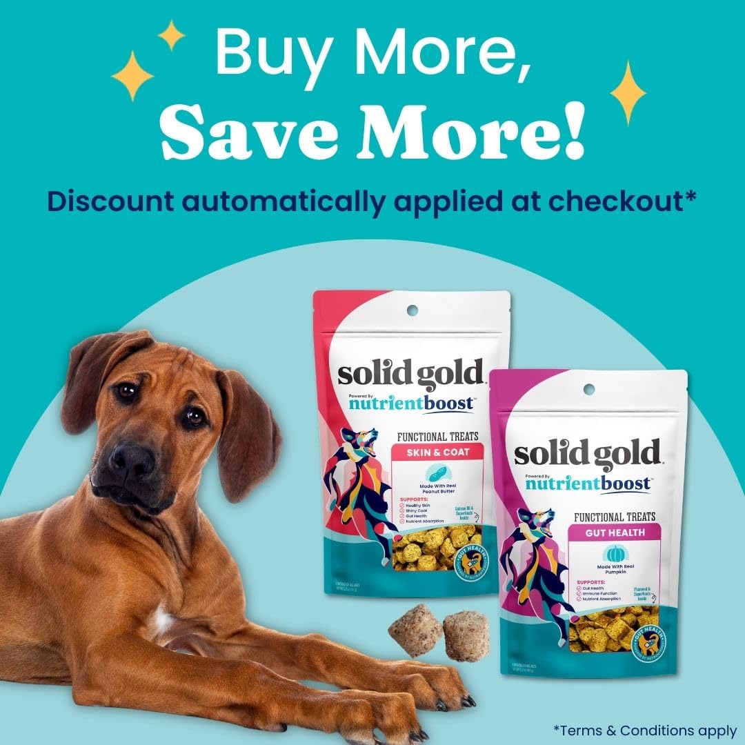 Solid Gold Healthy Dog Treats - Functional Peanut Butter Dog Treats w/Salmon Oil & Superfoods for Skin & Coat + Gut Health - Gluten Free Healthy Training Treat for Dogs of All Ages & Sizes - 5.2oz