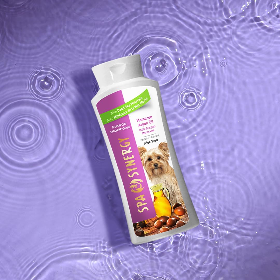 Spa Synergy Pet Dog Shampoo Natural Dead Sea Mineral Rich, Aloe Vera & Vitamin-E, Soothing Anti-itching, Soften, Moisturizing - Moroccan Argan Oil - (1) Bottle 16.5 FL OZ