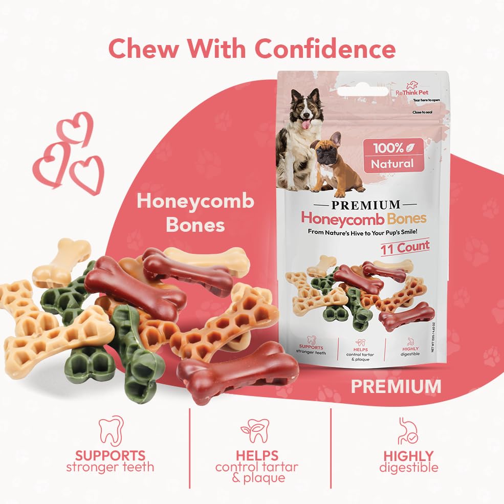 ReThink Pet Premium Honeycomb Bone Treats for Dogs, Highly Digestible & Natural Dog Treats with Irresistible Flavor That Help Reduce Plaque & Tartar Buildup, 11 Count