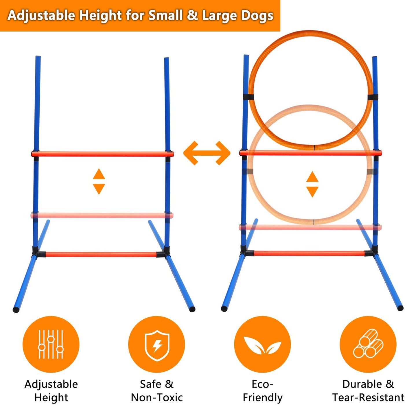 Dog Agility Training Equipment Set Outdoor Indoor Game, Tire Jump + Hurdle Jump, Tunnel, Weave Poles, Pause Box, 2 Toy Balls, 2 Flying Discs, 1 Whistle, 1 Bag, Backyard Premium Dog Obstacle Course Kit