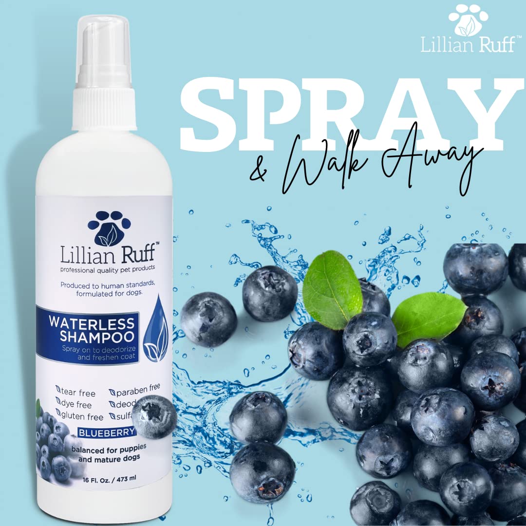 Lillian Ruff Waterless No-Rinse Dog Dry Shampoo Spray with Hydrating Essential Oils - pH-Balanced Dry Shampoo for Dogs - Clean, Condition, Detangle & Deodorize Dry, Sensitive Skin (Blueberry)