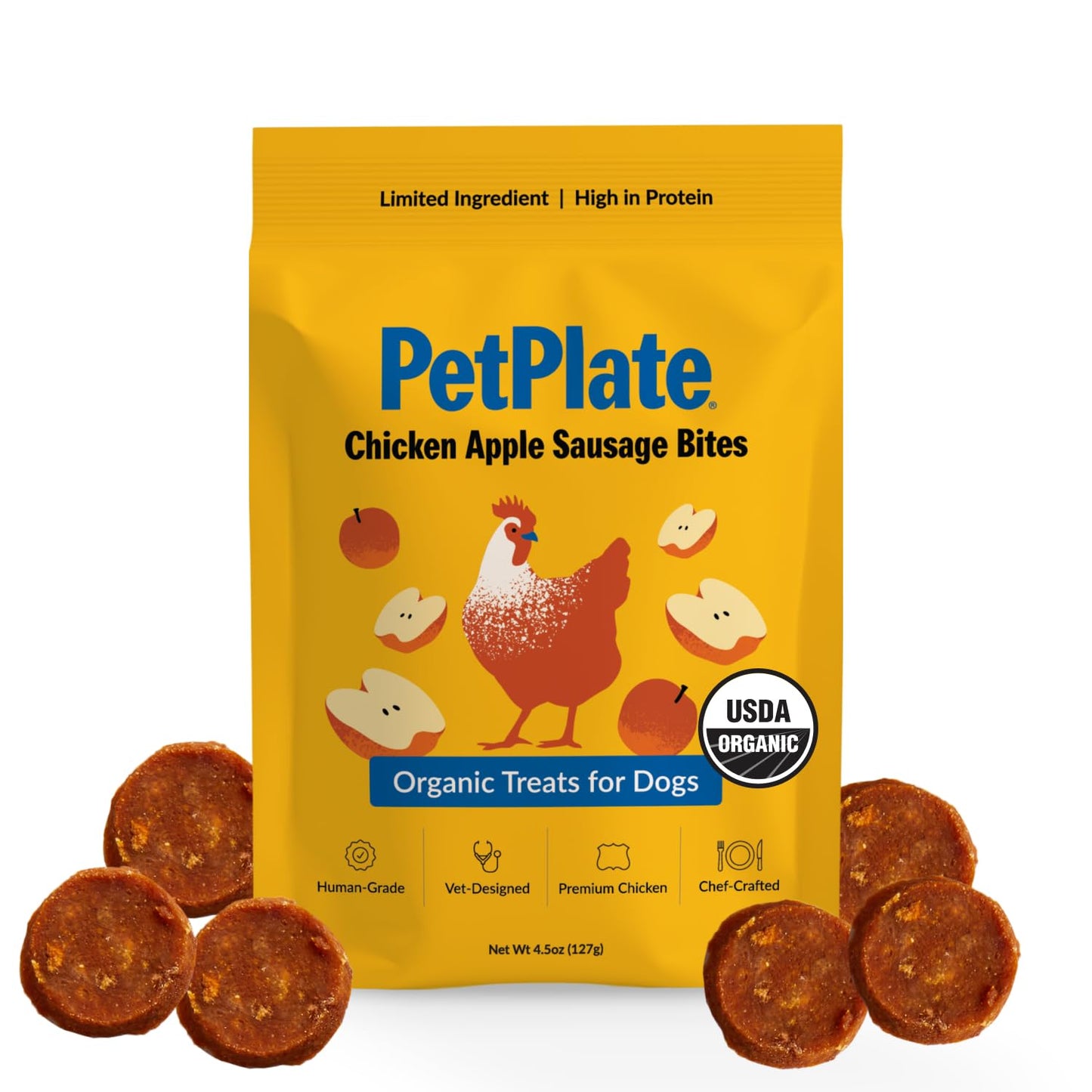 PetPlate Chicken Apple Sausage Bites, Human Grade Dog Treats, All Life Stages, Grain-Free, Organic and Real Ingredients, High Protein, Healthy Snacks (Pack of 1, 4.5 Ounce)