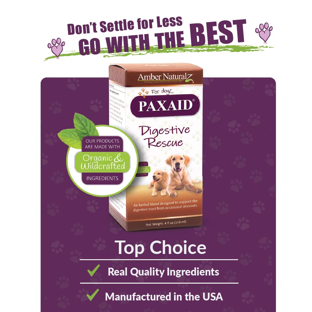 Amber NaturalZ Paxaid Digestive Rescue Herbal Supplement for Dogs and Puppies | Canine Herbal Supplement for Occasional Digestive Upset Support | 4 Fluid Ounce Glass Bottle | Manufactured in The USA