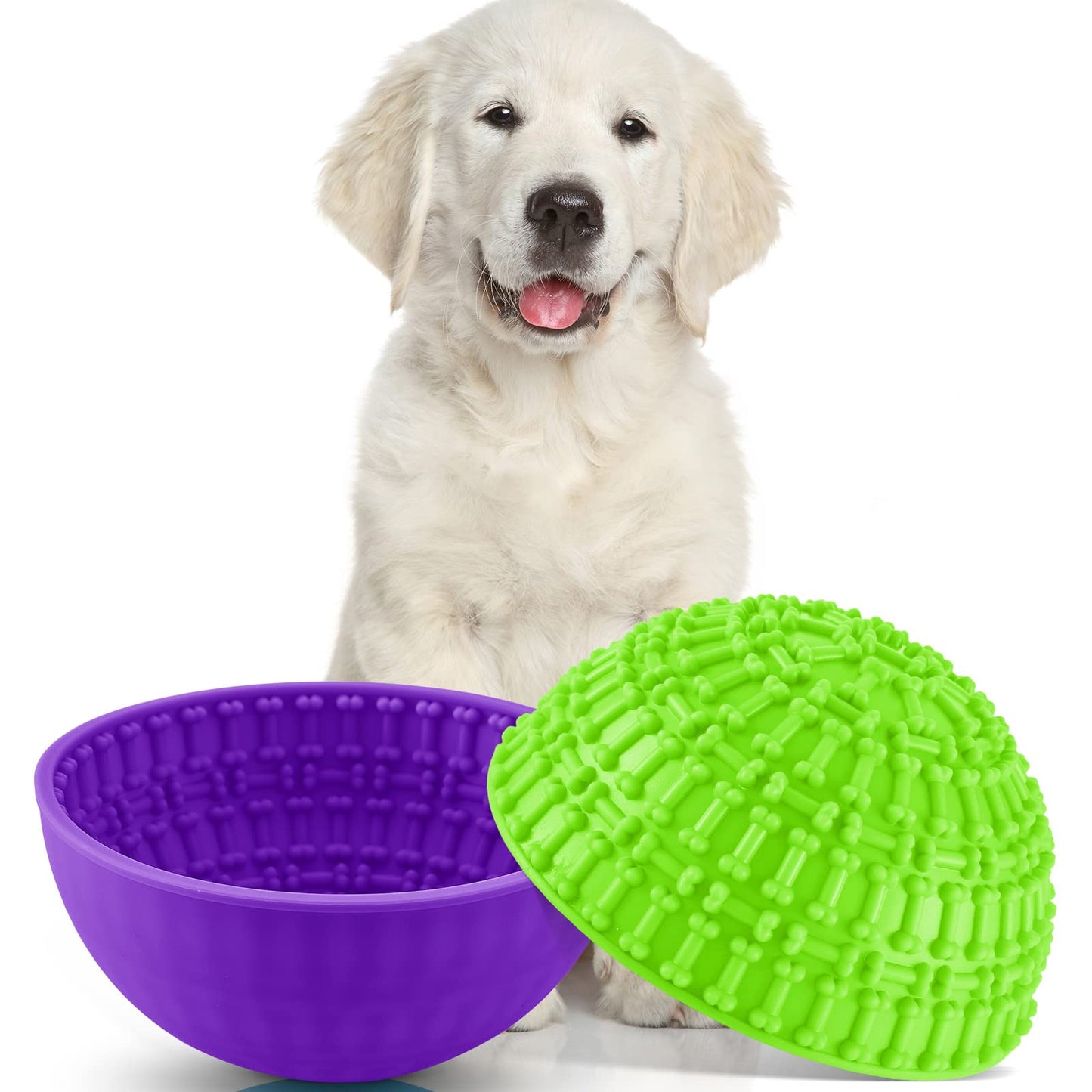 Patelai 2 Pcs Dog Enrichment Lick Bowls Silicone Freeze Bowls Interactive Cat Licking Mats Slow Feeders for Pet Oral Health Boredom Anxiety Relief, Wobble or Stay Put(Green, Purple,Bone)