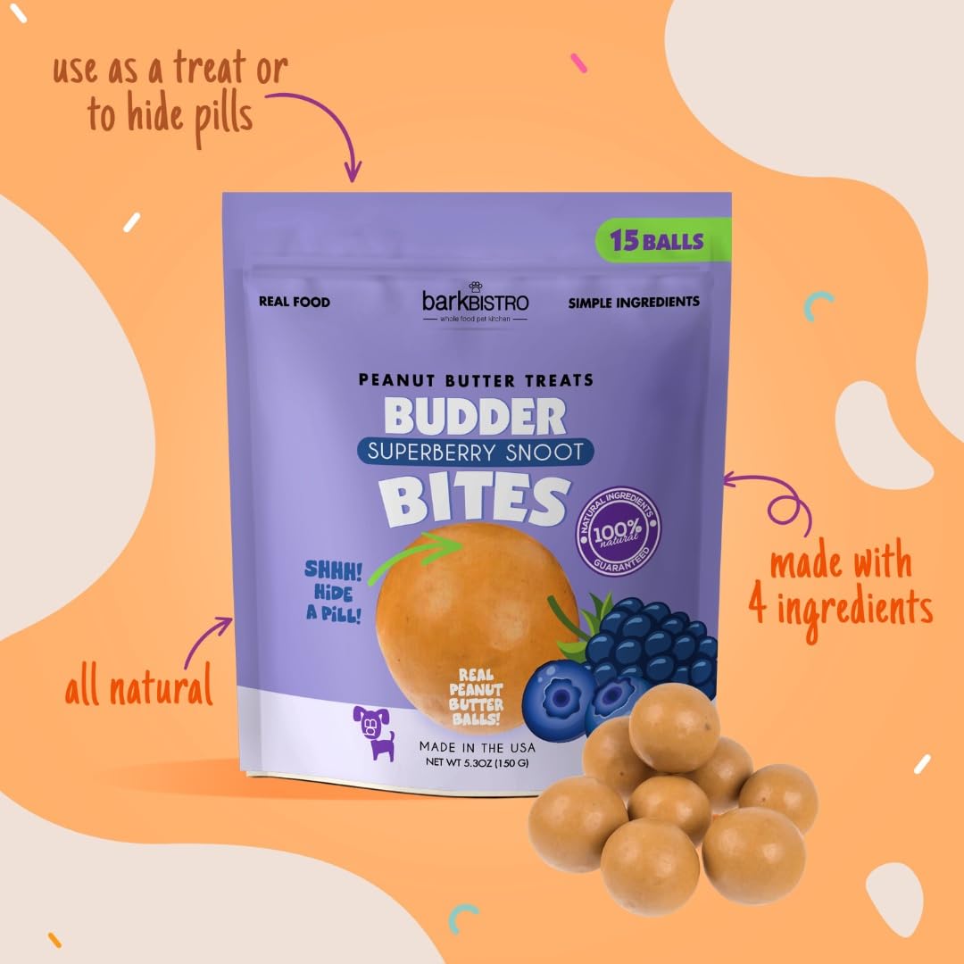 BUDDY BUDDER Superberry Snoot Bites, Natural Peanut Butter Dog Treats with Berry Flavor, Soft Peanut Butter Ball Treat or Use to Hide-A-Pill, 15 Balls, 5.3oz