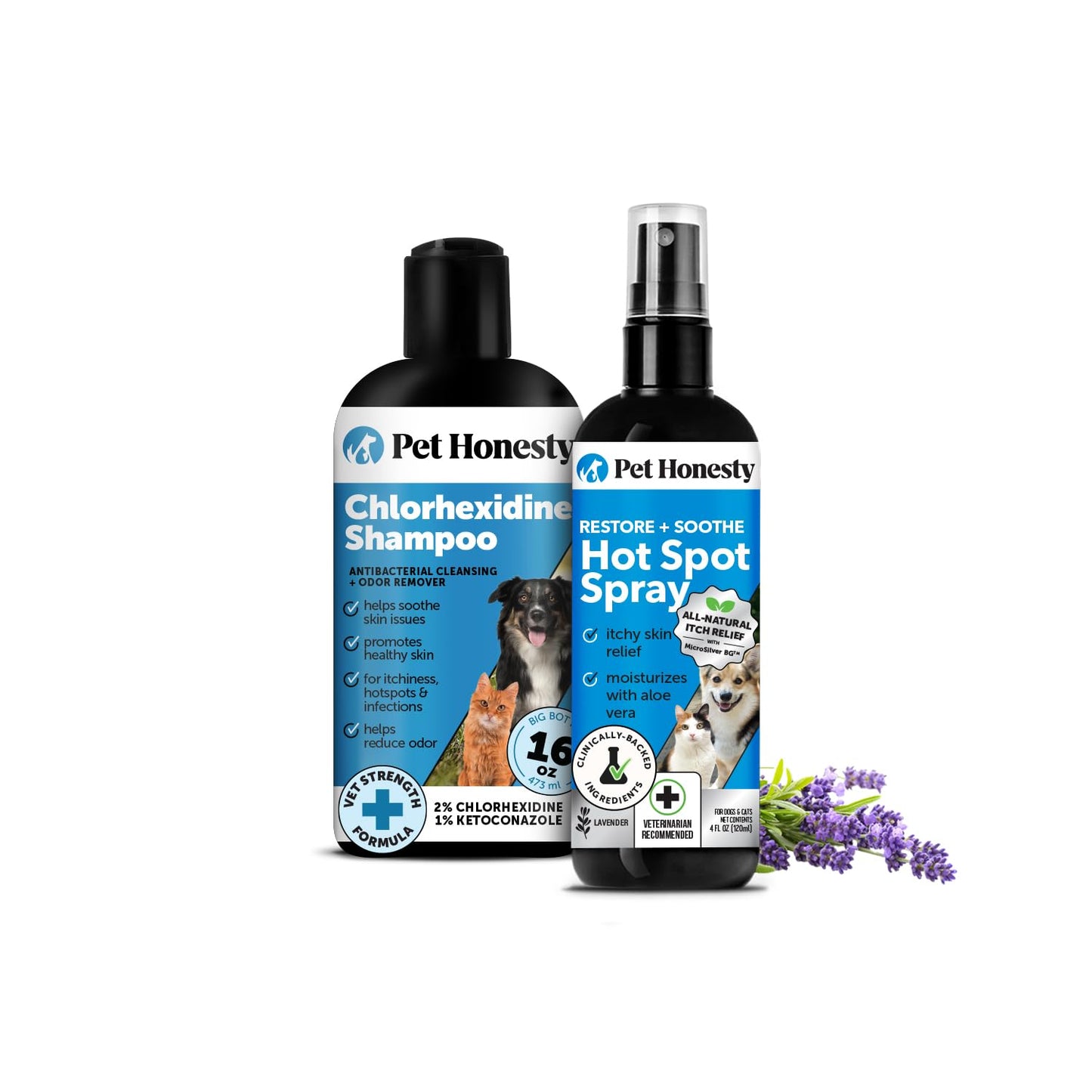 Chlorhexidine Shampoo + Restore + Soothe Hot Spot Spray Essential Skin Care Bundle - Seasonal Itch Relief for Allergies, Soothes Itching with Aloe and Microsilver