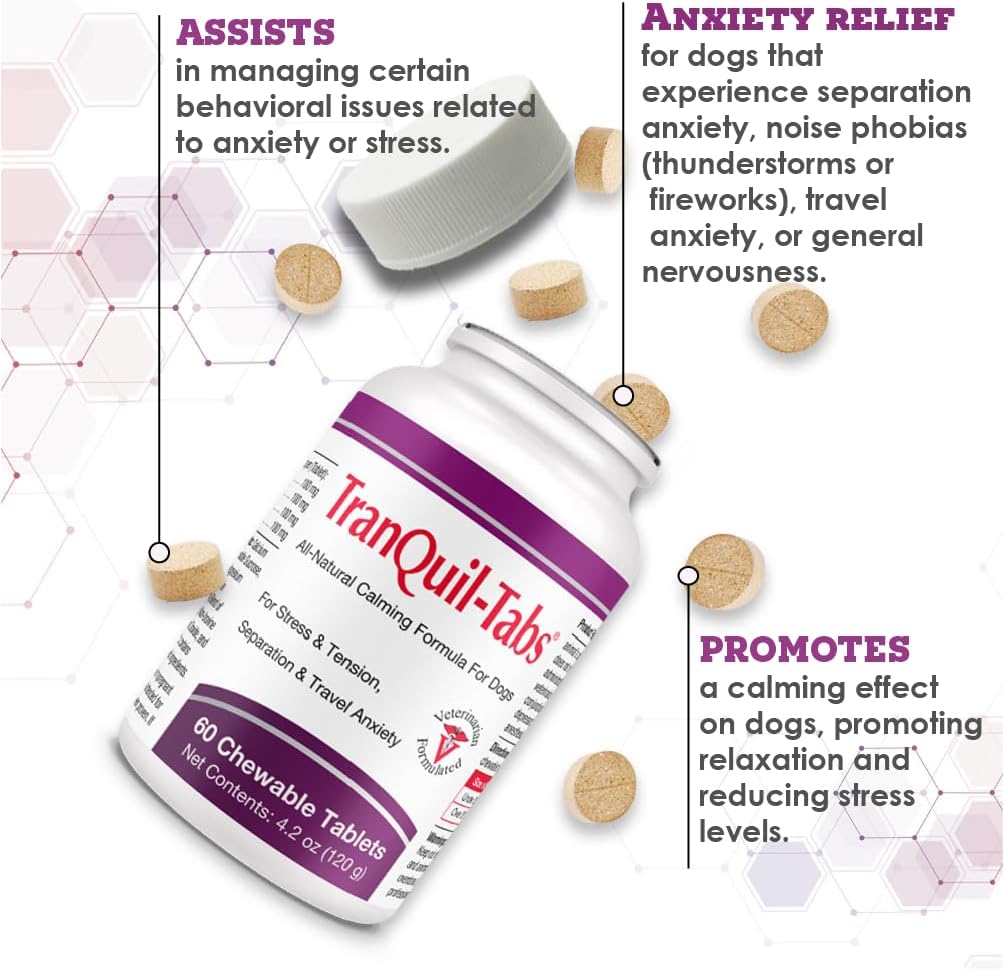 TranQuil-Tabs for Dogs - Contains Chamomile, L-Tryptophan, and Melatonin - Relieves Stress and Tension - Ease Travel and Separation Anxiety - 60 Tabs