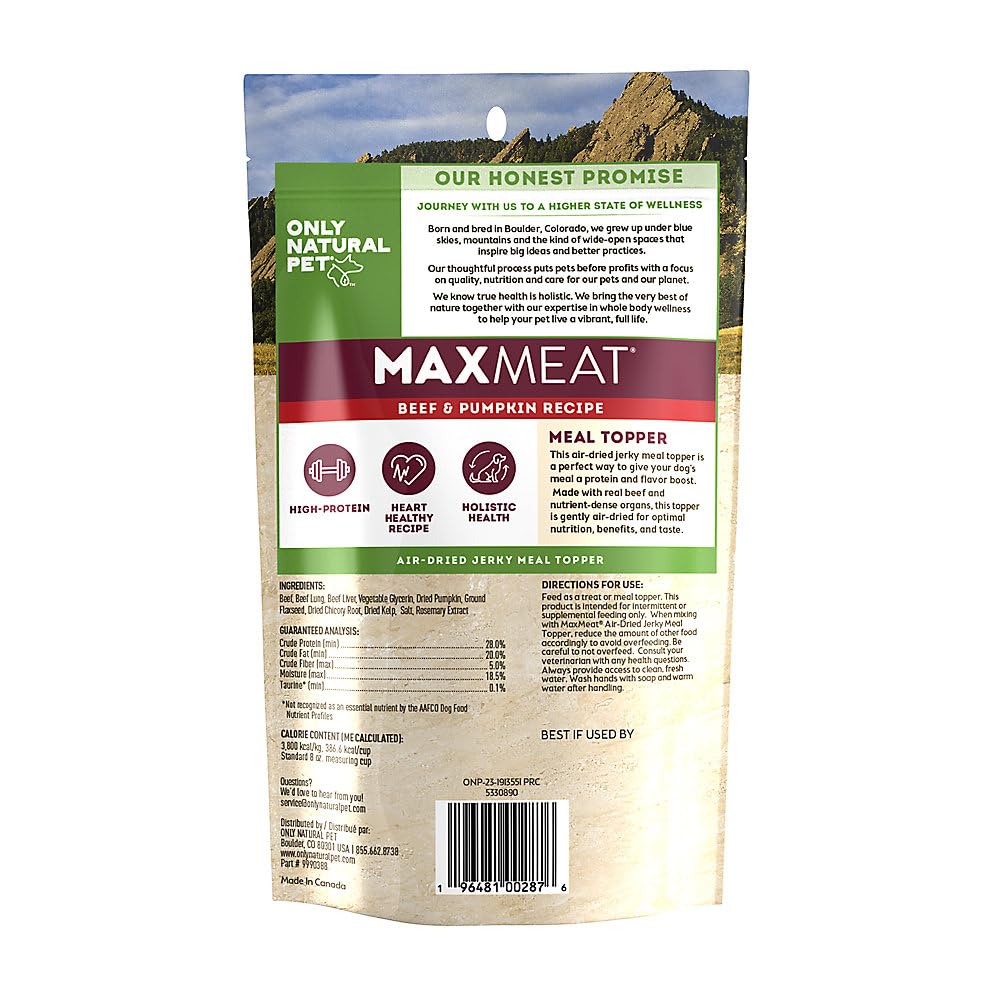 Only Natural Pet MaxMeat Holistic Air Dried Dry Dog Food Meal Topper - All Natural, High Protein, Grain Free and Limited Ingredient - Made with Real Meat - Beef with Pumpkin & Parsley 4 oz