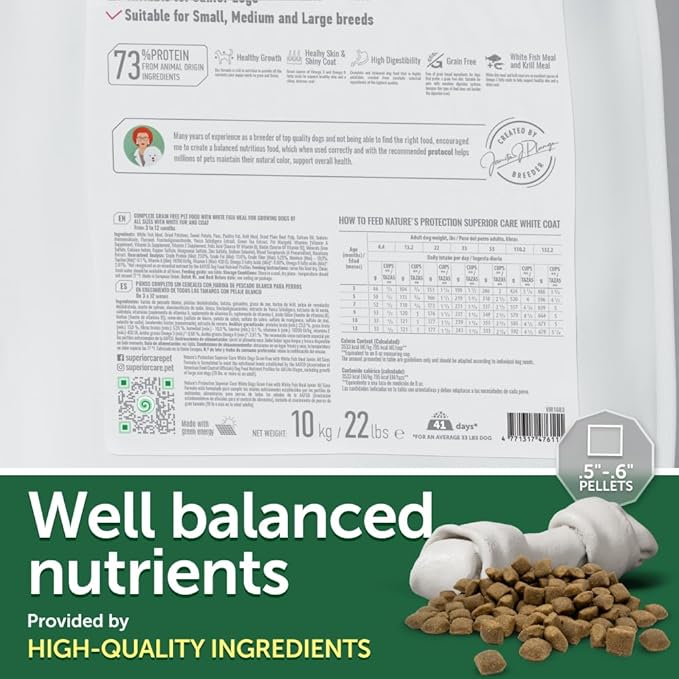 Nature's Protection Superior Care White Dogs Grain-Free Dry Dog Food - High Protein, Tear Stain Dog Food for All Breeds Light Coated Puppies, Fresh Pet Meal, White Fish, 22 lb