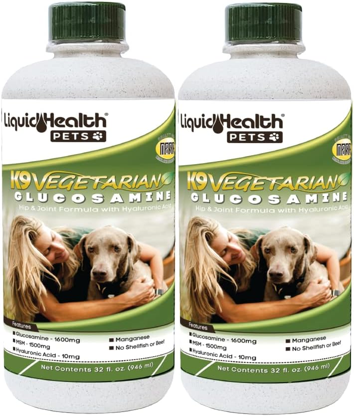 LIQUIDHEALTH Pets K9 Vegetarian Liquid Glucosamine Juice for All Dogs Canines with Chondroitin, MSM, Omega 3, Antioxidants, Hyaluronic Acid - Dog Vitamin Oil for Hip & Joint Health - USA Made (2 Pack)