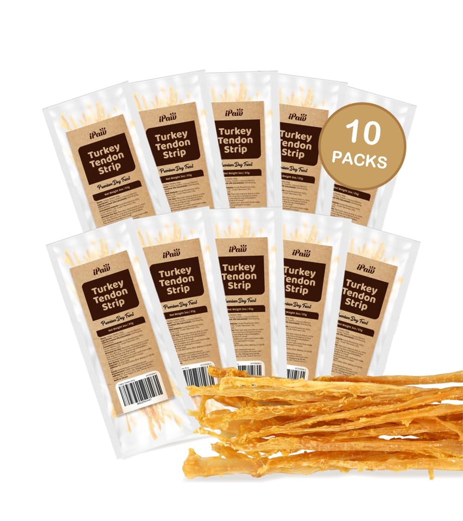 iPaw Turkey Tendons for Dogs, 100% Turkey and US Sourced Raw Material, Hypoallergenic, All Natural Human Grade Puppy Chew, Rawhide Alternative Dog Treats, 10 Unit/Packs Strip