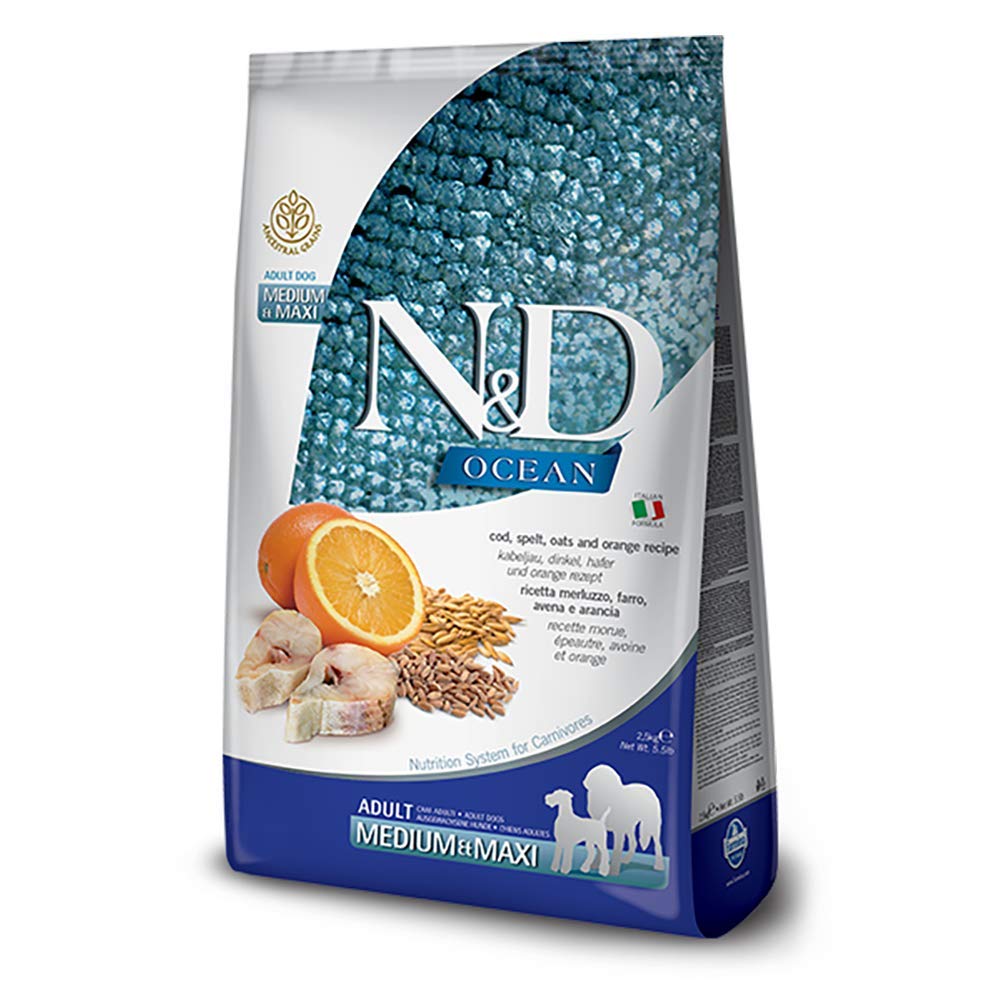 Farmina N&D Ocean Dog Dry Med/Maxi Cod Spelt Oats Orange 5.5 Pounds