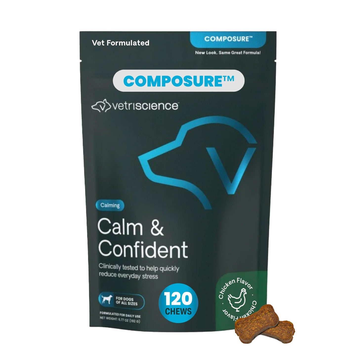 VetriScience Calm & Confident Chews, Composure Clinically Tested Calming Supplement for Dogs, Reduce Stress & Fear, Ideal for Thunderstorms, Fireworks & Travel, Chicken, 120 Count - New Look