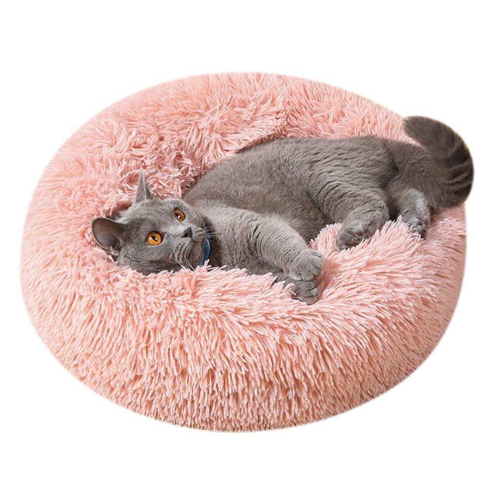 Large Cat Beds for Indoor Cats - Dog Beds for Small Medium Dogs, Anti Anxiety Round Fluffy Plush Faux Fur Pet Bed, Thick Bottom (Pink, Large 24" L x 24" W)