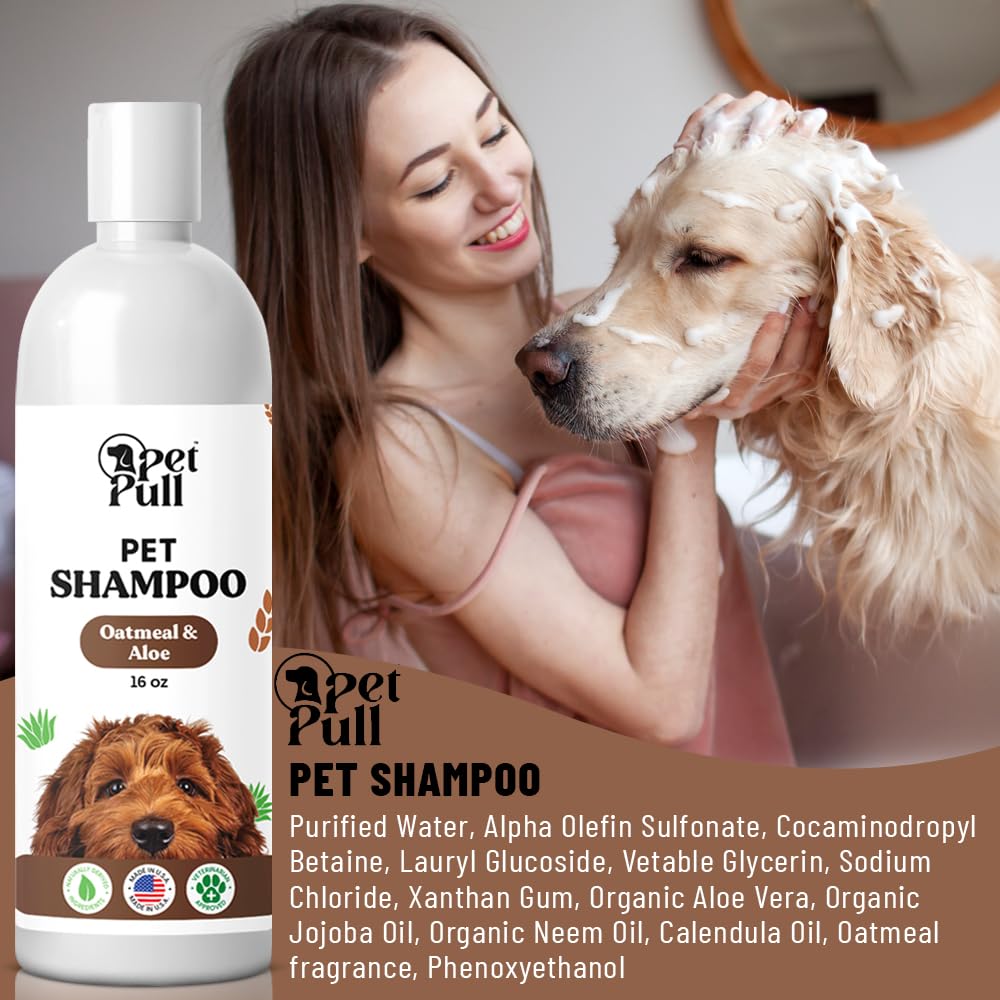 Pet Pull Pet Shampoo and Conditioner for Dogs and Cats - Plant-Based Dog Shampoo Cleanser - Pet Supplies for Pets - Sensitive Skin Dog Wash- Made in The USA (16 oz) (Oatmeal & Aloe, Shampoo)