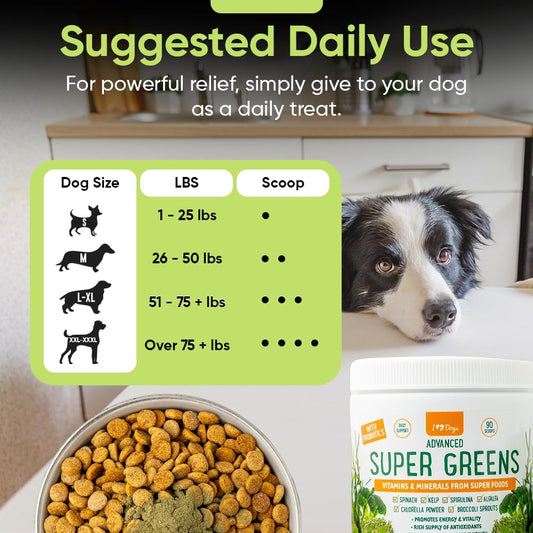 iHeartDogs Super Greens for Dogs with Broccoli Sprouts & Spirulina Powder - Seasonal Allergy & Immune Support Dog Greens Powder - Vitamins, Antioxidants & Minerals Supplement for Dogs