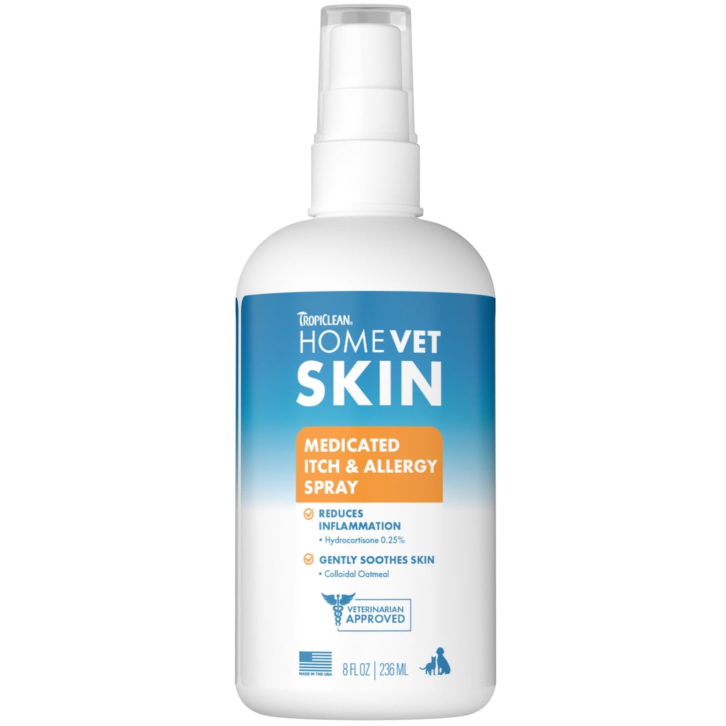 TropiClean HomeVet Allergy & Itch Spray, Dog Allergy Relief & Hot Spot Treatment for Dogs & Cats, Vet Recommended Itching Skin Relief, USA Made, 8 oz