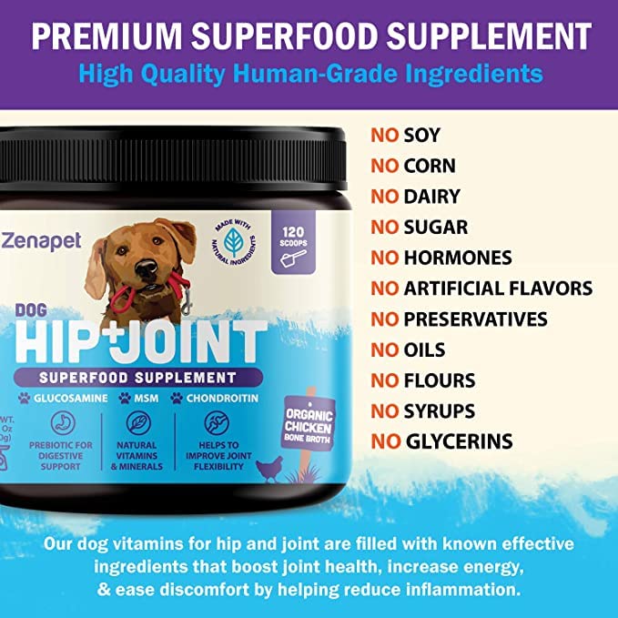 Zenapet Superfood Dog Hip & Joint Supplement for Arthritis Pain Relief, Maximum Strength with Glucosamine & Chondroitin Plus MSM for Pet Mobility Support, Pure Potent & Human Grade