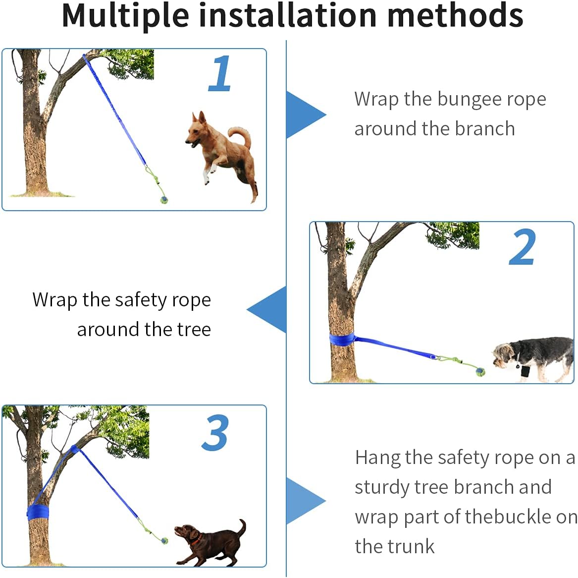 Outdoor Hanging Bungee Dog Toy - Interactive Dog Tug Toy with 2 Chew Rope Toys for Small to Large Dogs - Best for Tug of War, Bite Training, Pull Exercise, Solo Play
