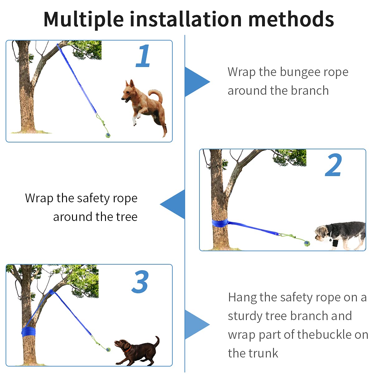 Outdoor Hanging Bungee Dog Toy - Interactive Dog Tug Toy with 2 Chew Rope Toys for Small to Large Dogs - Best for Tug of War, Bite Training, Pull Exercise, Solo Play