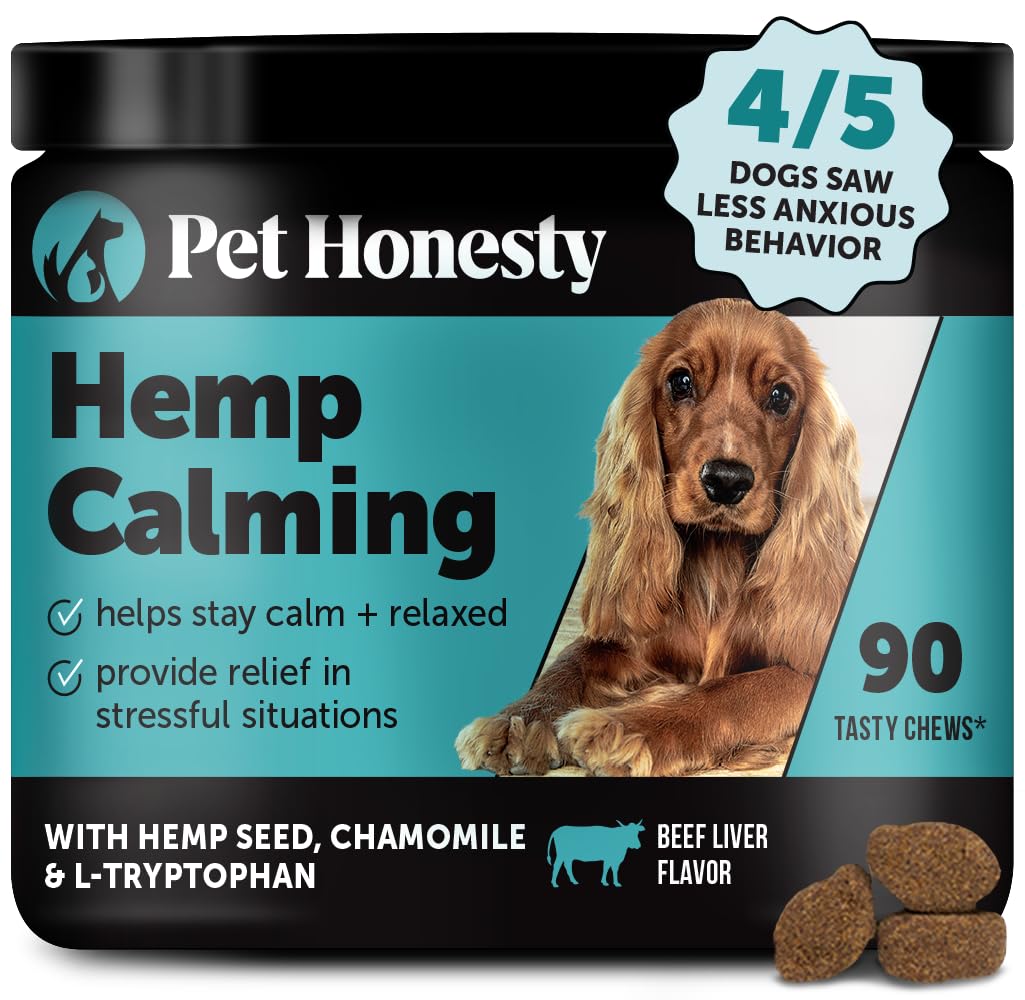 Natural Hemp Calming Chews for Dogs - Dog Anxiety Relief - Calming Aid Supplement with Valerian Root, Chamomile, + Magnesium - Stress, Separation & Thunder Support - (Beef Liver, 90 Count)