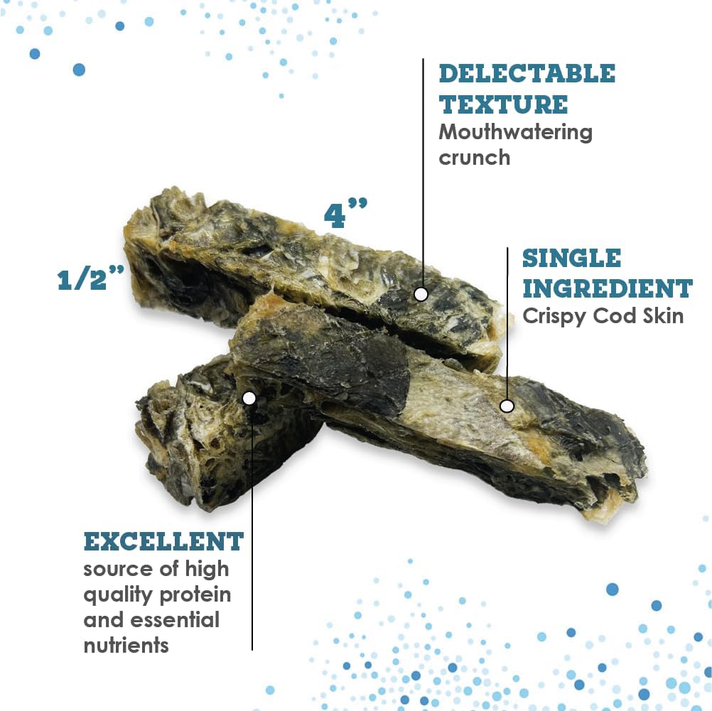Simply Wild Cod Skins Alaskan Cod Fish Training Treats for Dogs-Dehydrated Fish, All Natural Human Grade Skins - Low Fat Treat Sustainably Sourced in USA (6.6 Oz)