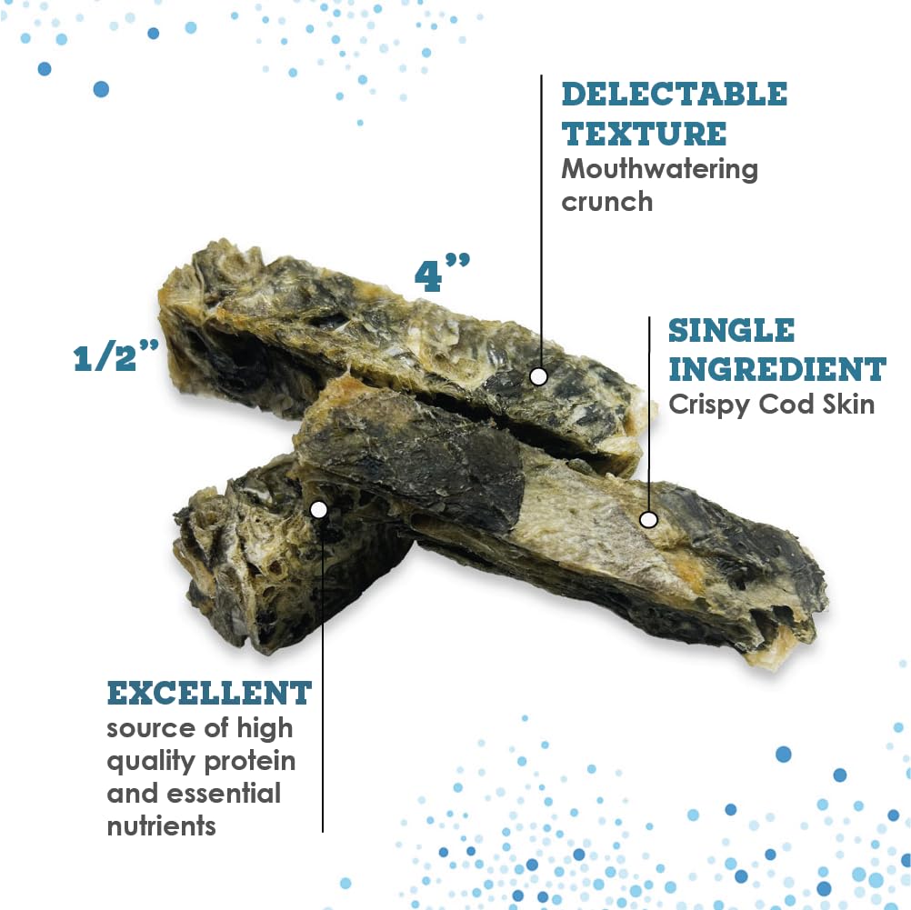 Simply Wild Cod Skins Alaskan Cod Fish Training Treats for Dogs-Dehydrated Fish, All Natural Human Grade Skins - Low Fat Treat Sustainably Sourced in USA (6.6 Oz)