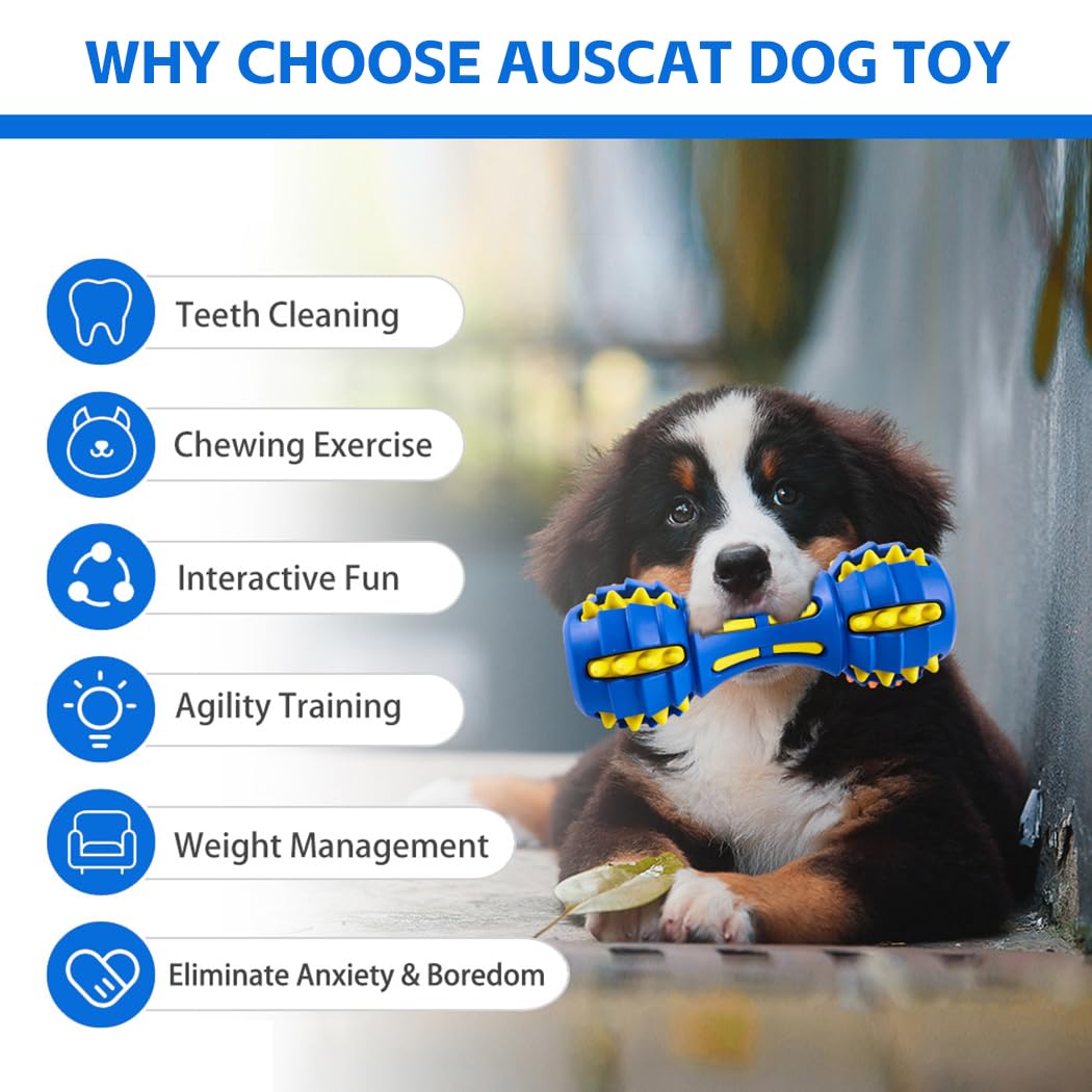 AUSCAT Teething Dog Toys, Durable Squeaky Dog Toys, Rubber Chew Toys for Dogs, Dumbbell Shape, Blue