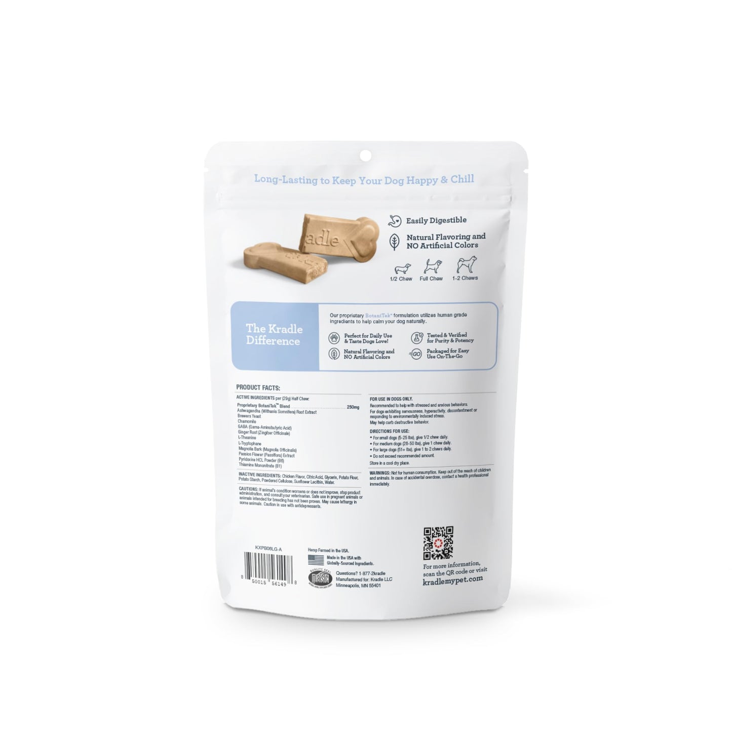 Kradle Chillers Hard Chews for Dogs - Ashwaganda GABA L-Theanine - Supports a Calm Demeanor - 6 Hard Chews