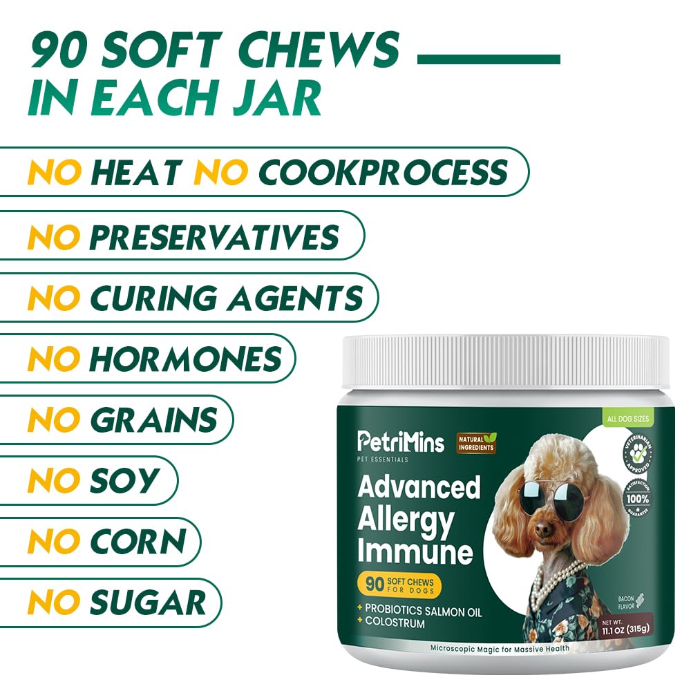PetriMins Advanced Allergy Immune Itch Relief for Dogs, Itching Skin Relief & Seasonal Allergies Support with Dog Probiotics, Astragalus Root & Mushroom, Colostrum, Turmeric, Salmon Oil - 90ct, Bacon