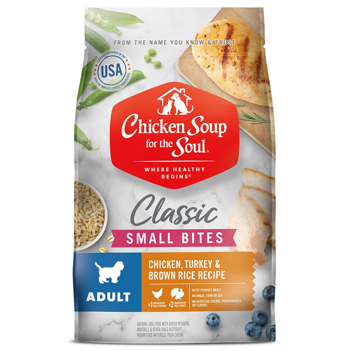 Chicken Soup for The Soul All Natural Premium Small Bites Adult Dry Dog Food, Real Meat First Ingredient, No by-Products, Supports Gut & Immune Health, Chicken, Turkey & Brown Rice, 13.5lb