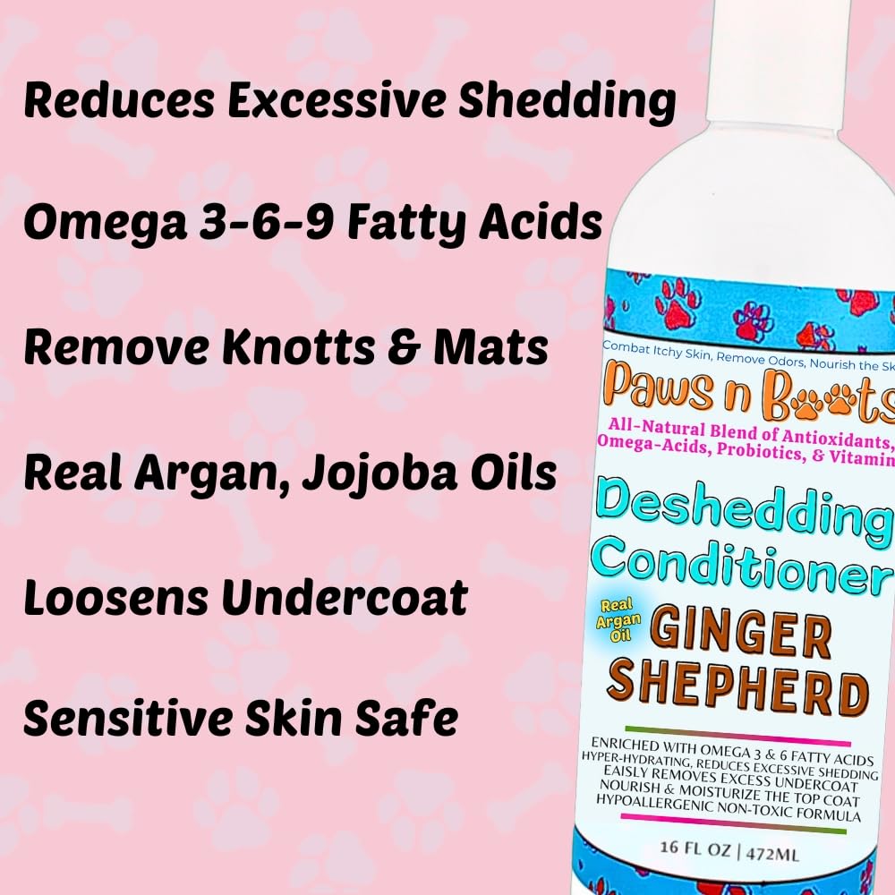 Deshedding Conditioner Omega Fatty Acids 3 6 9. Real Argan Oils All-Natural, Organic, & Non-Toxic to Pets Condition, Hydrate, & Nourish the Coat. Hypoallergenic, Tearless, Control Odor Made in USA 16oz Ginger