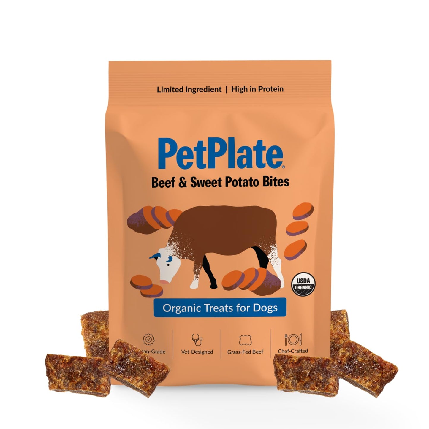 PetPlate Beef and Sweet Potato Bites, Human Grade Dog Treats, All Life Stages, Grain-Free, Organic and Real Ingredients, High Protein, Healthy Snacks (Pack of 1, 4.5 Ounce)