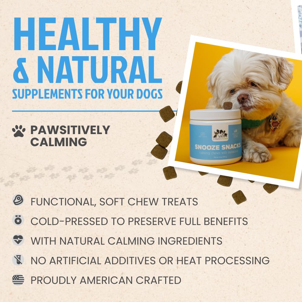 3 Paws Kitchen Snooze Snacks - Calming Chews for Dogs with Melatonin, Chamomile, and Valerian Root - Dog Anxiety Relief Supplement - 120 Soft Chews - Natural, Vet-Approved - Made in USA
