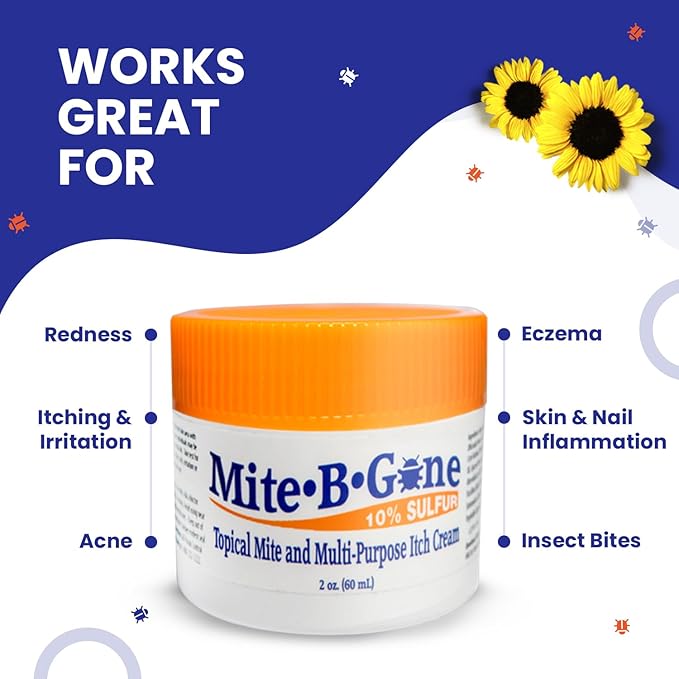 Mite Cream & Bite Relief - 10% Natural Blend Sulfur Cream for Multi-Purpose Bites, Redness, Itching, & Irritation | Safe for Kids and Adults | Fast & Effective for All Skin Types| 8 oz