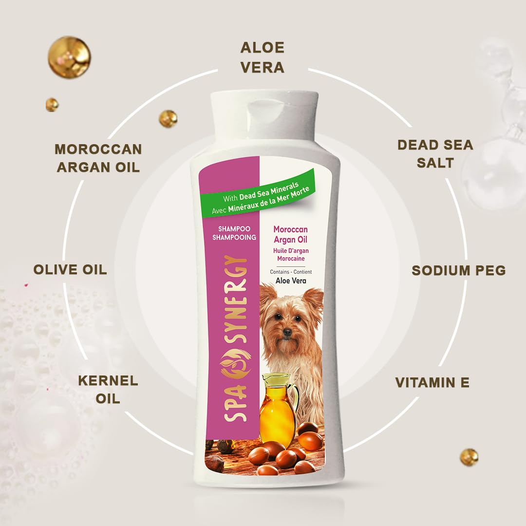 Spa Synergy Pet Dog Shampoo Natural Dead Sea Mineral Rich, Aloe Vera & Vitamin-E, Soothing Anti-itching, Soften, Moisturizing - Moroccan Argan Oil - (1) Bottle 16.5 FL OZ