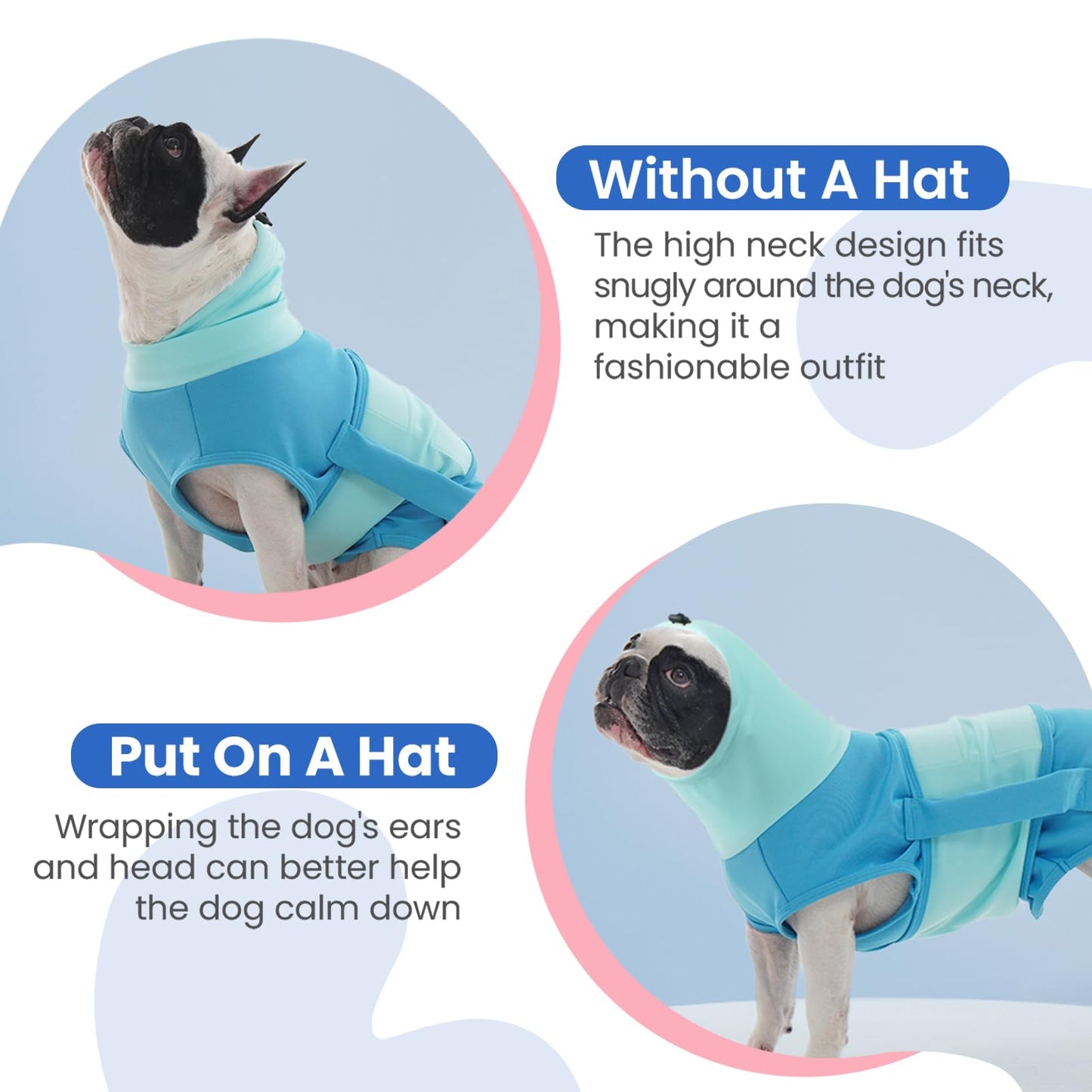 Dog Anxiety Jacket,Adjustable Calming Jacket for Small Breeds,Sleeveless & Lightweight, High Neck Wraps Head & Ears for Fireworks, Anti-Anxiety Shirt for French Bulldogs,Blue-M