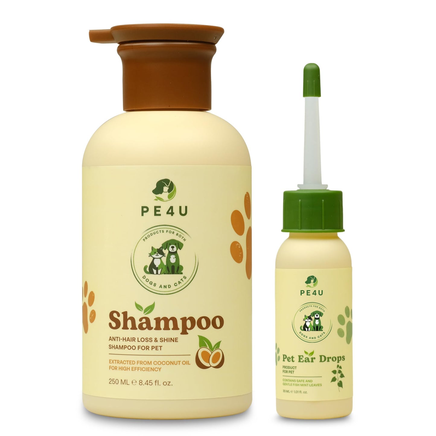 PE4U Natural Pet Shampoo for Dogs & Cats – Smooth Coat, Reduce Shedding & Odor Control – Coconut & Olive Oil Formula - Safe for Sensitive Skin, Hypoallergenic, Relieve Dry Skin - [Shampoo + Ear Drop]