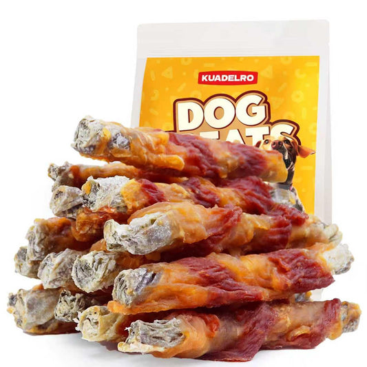 KUADELRO Chicken Duck Wrapped Cod Skin Sticks Dog Treats, Rawhide Free Dog Chews Long Lasting HealthTeeth Training Treats for Medium and Large Breed 10.58oz/12-14pcs