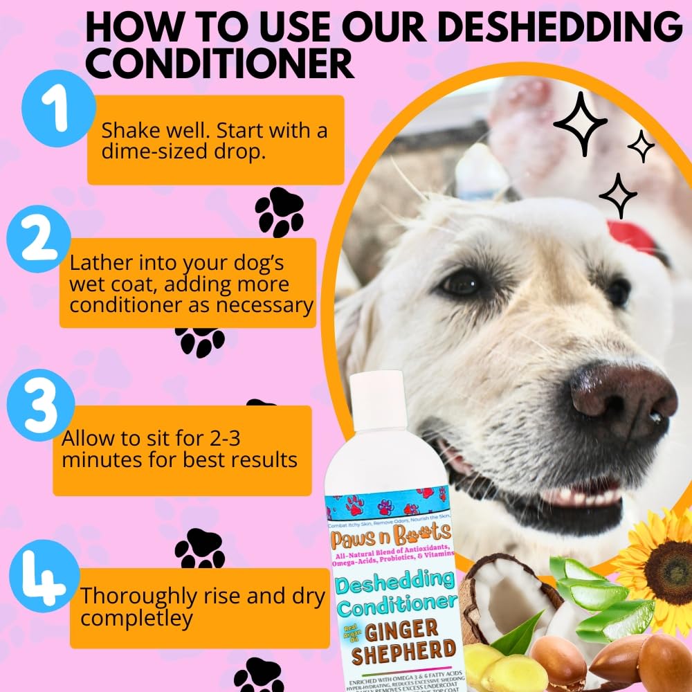Deshedding Conditioner Omega Fatty Acids 3 6 9. Real Argan Oils All-Natural, Organic, & Non-Toxic to Pets Condition, Hydrate, & Nourish the Coat. Hypoallergenic, Tearless, Control Odor Made in USA 16oz Ginger