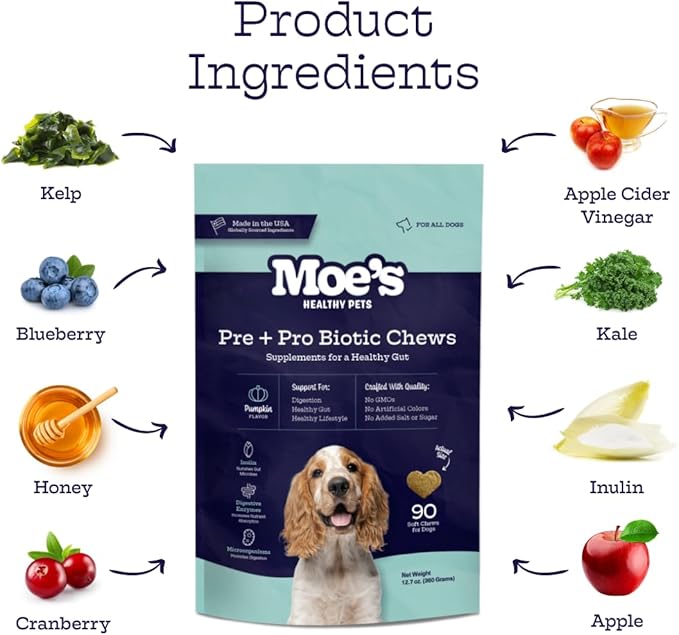 Moe’s Probiotic Chews for Dogs 90ct – Pumpkin Flavor Prebiotics & Probiotics for Gut Health, Digestion, Immunity and Itchy Skin Relief