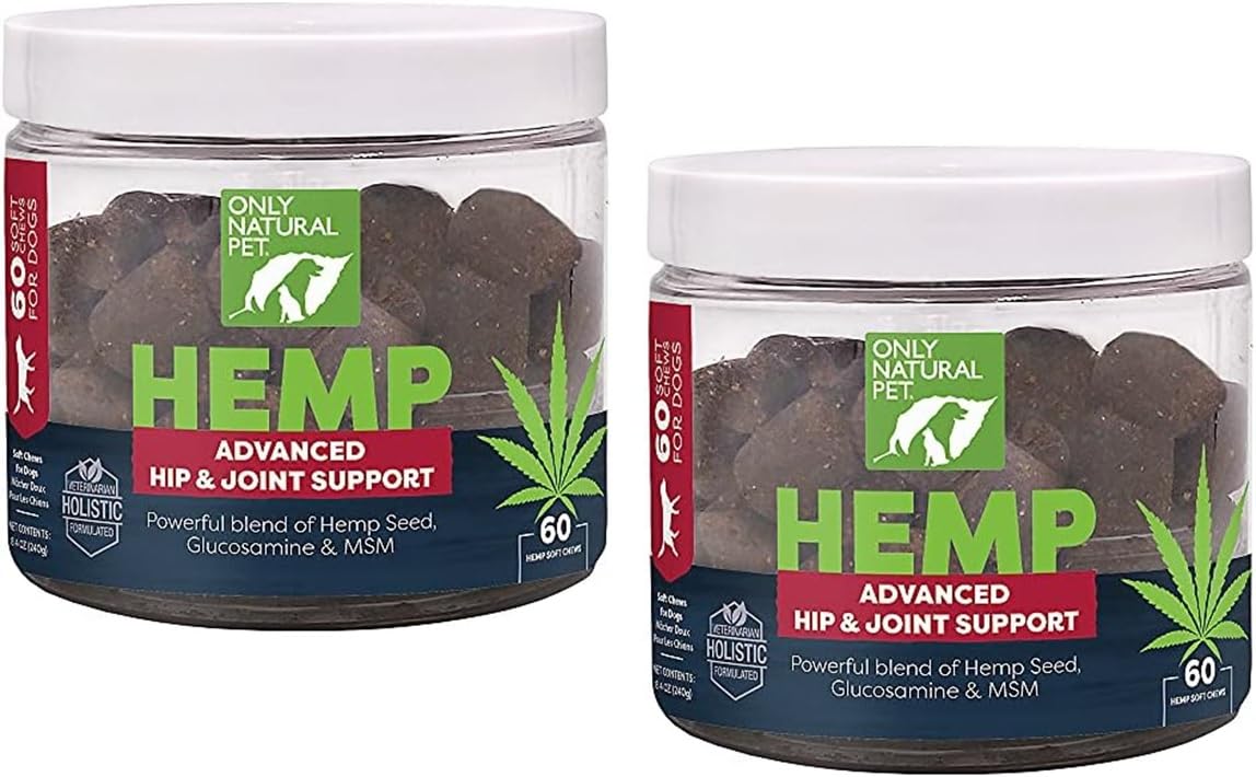 Only Natural Pet Hemp Advanced Mobility Support for Dogs Holistic Wellness Hip Bone Joint Health - Inflammatory Function Relieves Pain Stiffness Green Lipped Mussels Turmeric (HA) 60 Count - 2 Pack