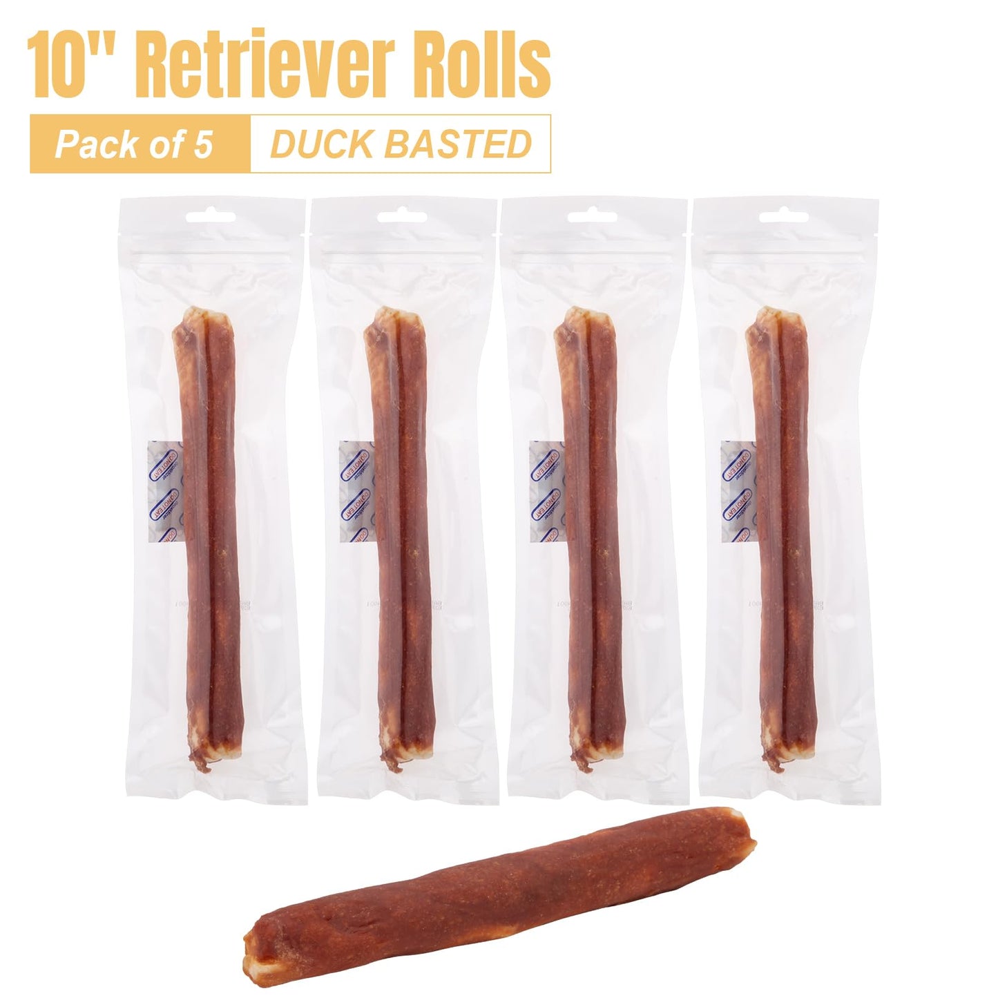 Amzey 10" Rawhide Retriever Rolls Dog Chews Treats, Duck Wrapped Rawhide Bones Long-Lasting for Large Dogs 50lbs Up, All Natural Duck Basted Dog Rawhide Chews, 5 Count