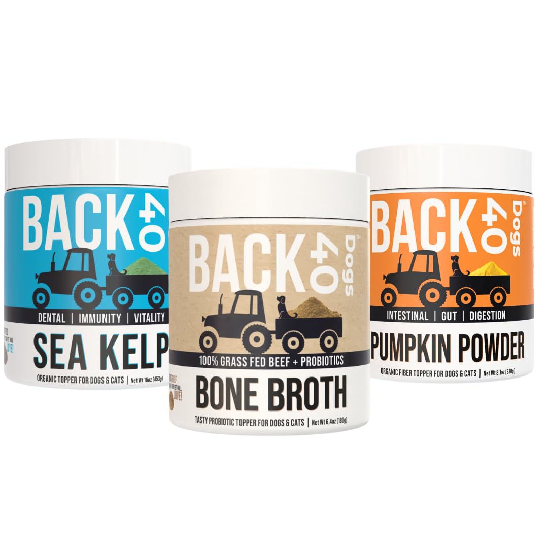 Back40Dog Complete Health Powder Bundle – Organic Sea Kelp16 oz, Grass-Fed Beef Bone Broth 6.4 oz & Organic Pumpkin Powder 8.1 oz – Thyroid, Joint & Digestive Support