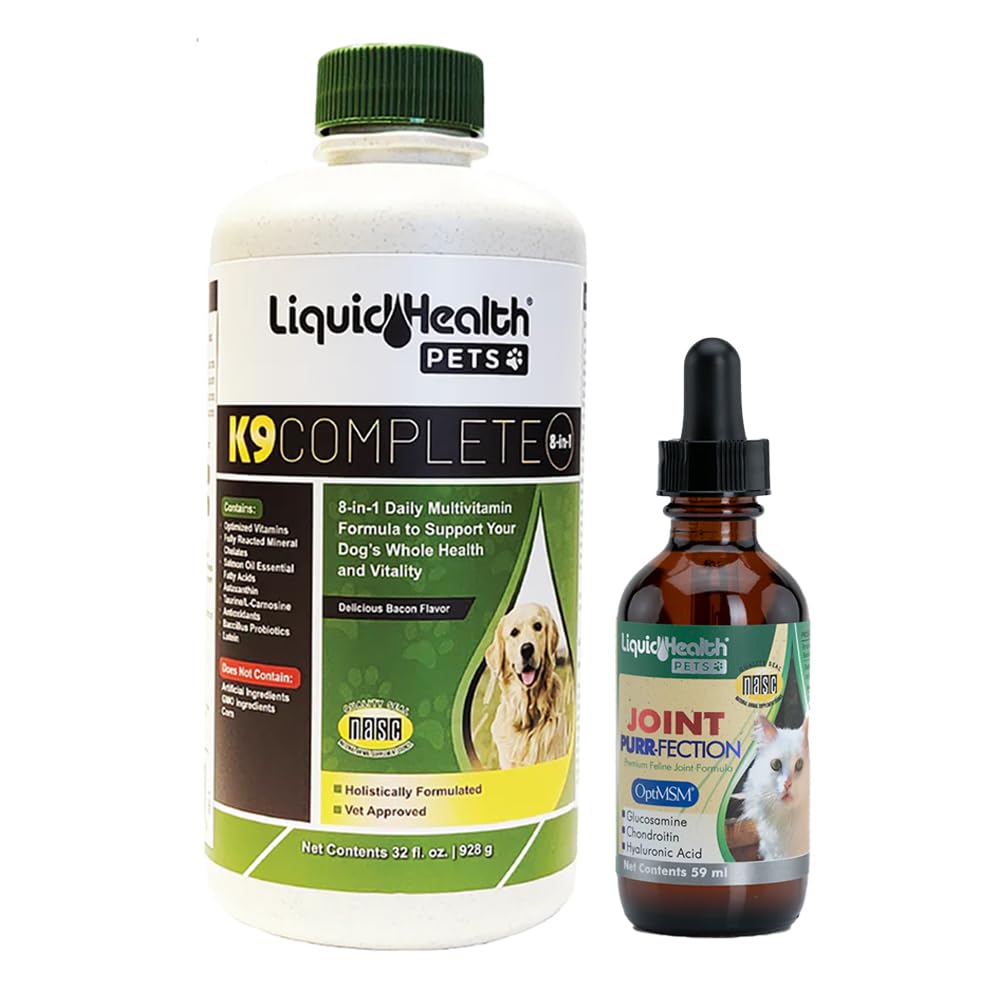LIQUIDHEALTH Pets K9 Complete 8-in-1 Multivitamin for Dogs & Puppies & Joint Purr-Fection Hip & Joint Glucosamine Chondroitin Drops for Cats - USA Made Pet Supplements for Joint Health, Immune Support