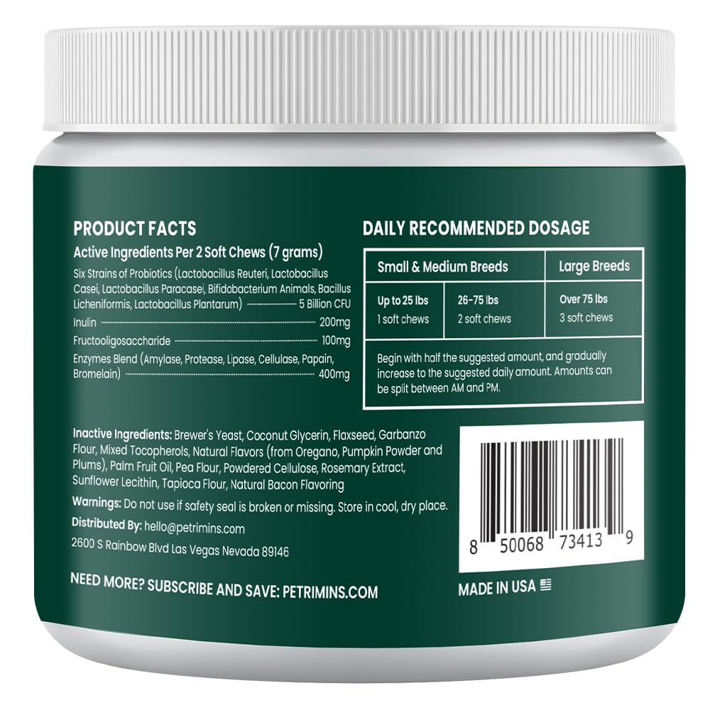 PetriMins Advanced Probiotic for Dogs, Supports Digestive Health, Immune Health, Gut Health, Improves Nutrient Absorption - Six Strains of Probiotics - Inulin - Enzyme Blend, 90-Count, Bacon