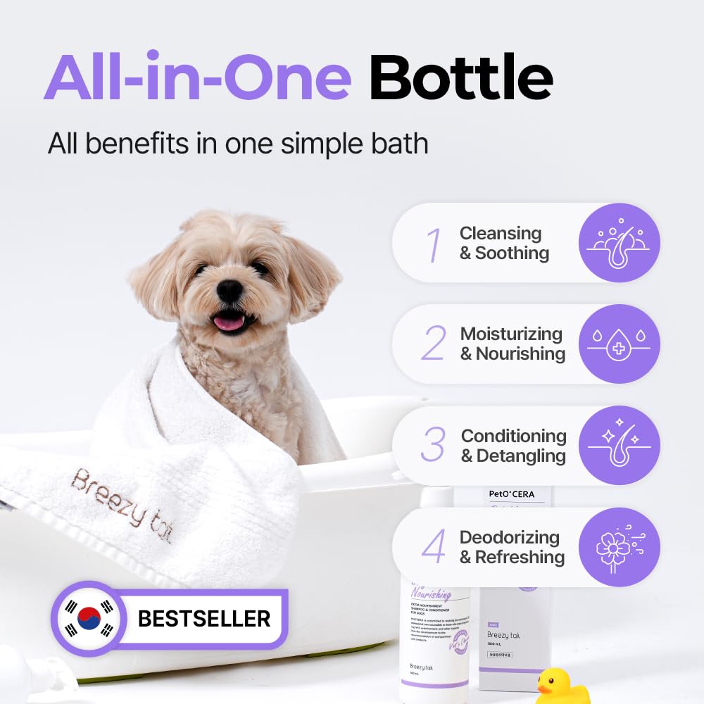 PetO’CERA Nourishing 2-in-1 Dog Shampoo and Conditioner for Allergic, Itchy, Dry, Sensitive Skin, Deordorizing Detangler for Poodle & Doodle, Puppy Safe, Tearless, Sulfate-Free, 16.9 fl oz/500ml